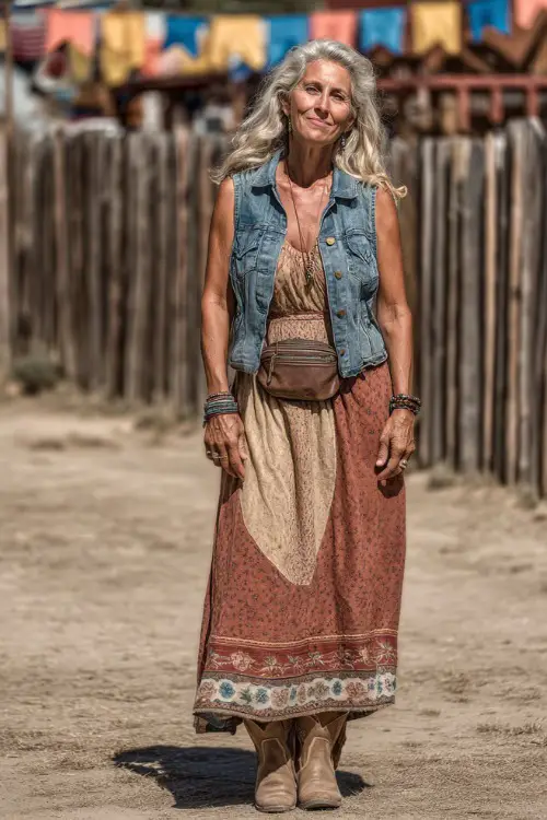 A fashionable woman over 50 wearing a boho-style maxi dress in earthy tones, layered with a denim vest and paired with embroidered cowboy boots