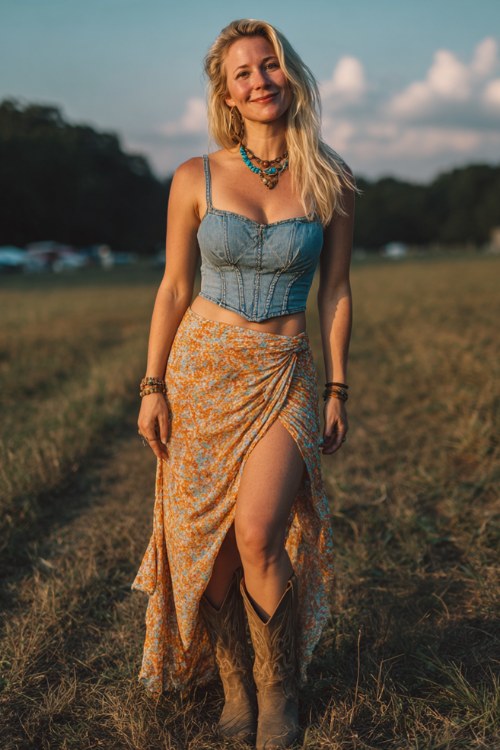 A glowing woman wearing a denim corset top, a flowing floral maxi skirt in warm sunset tones with cowboy boots