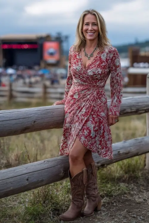 A graceful woman over 50 wearing a printed wrap dress in red and white tones, brown western boots, and a delicate layered necklace 