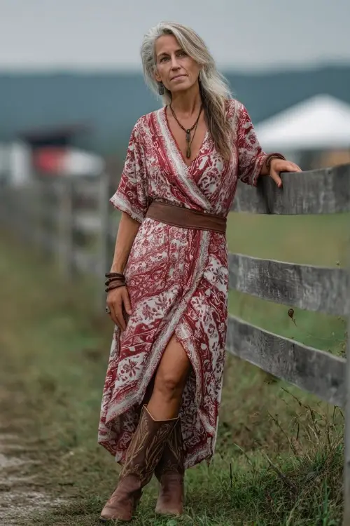 A graceful woman over 50 wearing a printed wrap dress in red and white tones, brown western boots, and a delicate layered necklace 