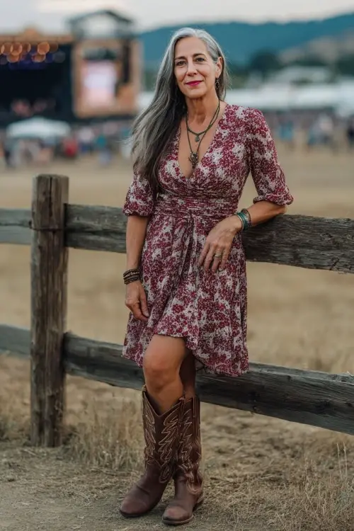 A graceful woman over 50 wearing a printed wrap dress in red and white tones, brown western boots, and a delicate layered necklace