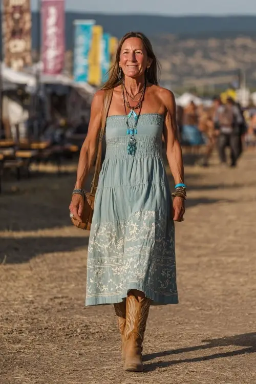 A mature woman over 50 in a tiered cotton midi dress with subtle embroidery, tan western boots, and a turquoise pendant necklace 