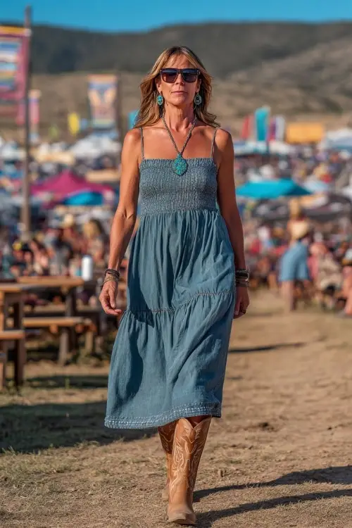A mature woman over 50 in a tiered cotton midi dress with subtle embroidery, tan western boots, and a turquoise pendant necklace