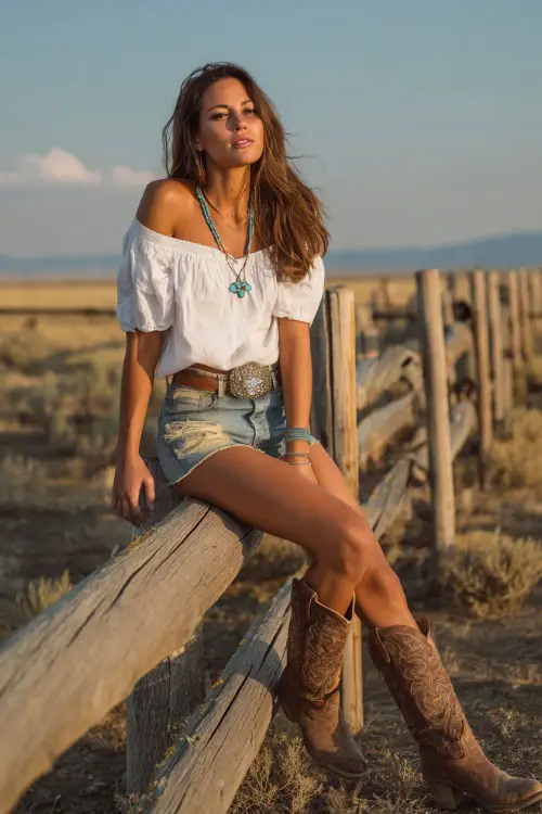 A mid-size woman dressed in distressed denim shorts, a white off-shoulder blouse, and mid-calf cowboy boots, accessorized with a turquoise pendant necklace and a belt 