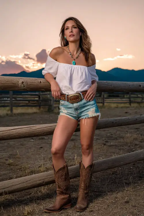 A mid-size woman dressed in distressed denim shorts, a white off-shoulder blouse, and mid-calf cowboy boots, accessorized with a turquoise pendant necklace and a belt