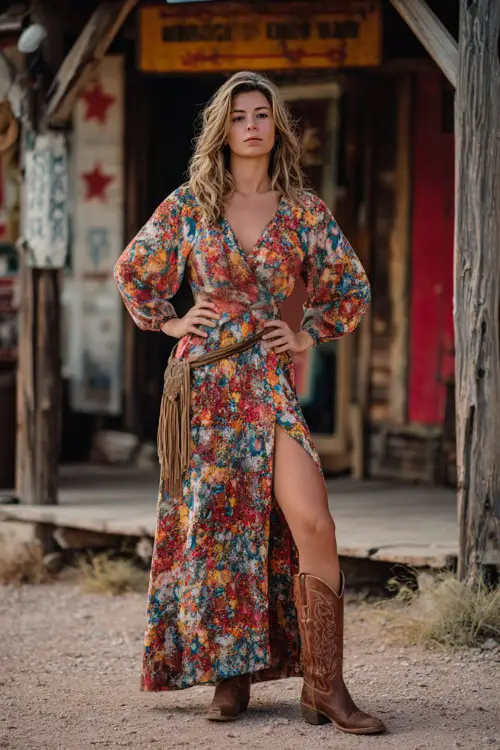 A mid-size woman in a boho print maxi dress with a side slit, paired with classic brown cowboy boots and a fringe crossbody purse 