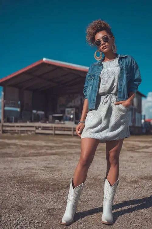 A mid-size woman in a casual T-shirt dress paired with white cowboy boots and a denim jacket tied around her waist, accessorized with statement earrings 