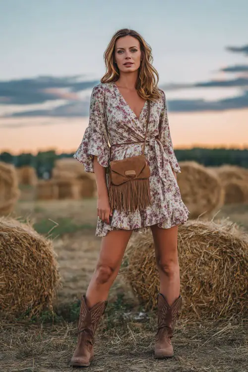 A mid-size woman in a floral wrap mini dress with flutter sleeves and brown ankle cowboy boots, styled with a crossbody fringe bag and soft waves