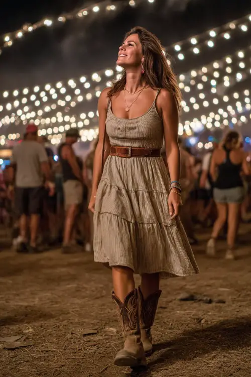 A mid-size woman in a sleeveless tiered midi dress with smocking at the waist, paired with distressed brown cowgirl boots and a leather belt bag