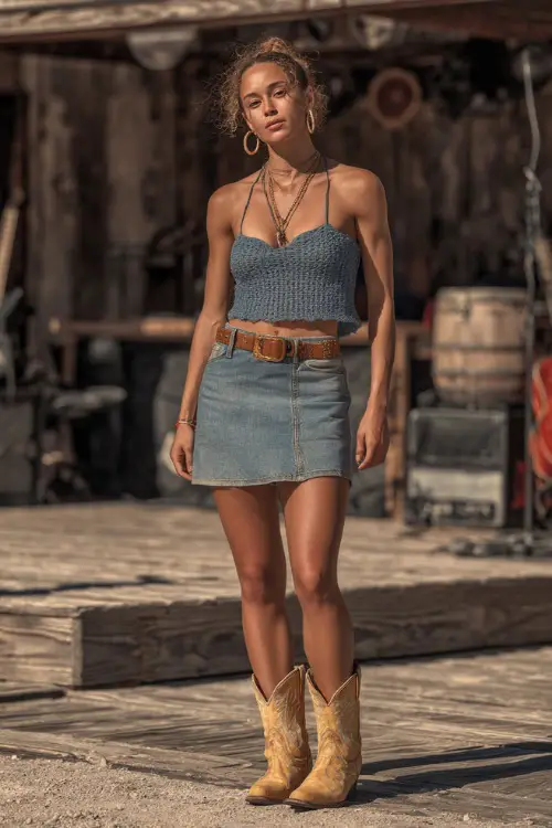 A mid-size woman wearing a high-waisted denim skirt with a tucked-in crochet tank top and tan cowboy boots 