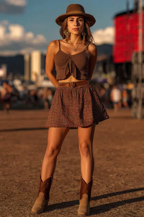 A mid-size woman wearing a sleeveless tie-front top with a printed mini skirt and suede western ankle boots, accessorized with a fedora and hoop earrings