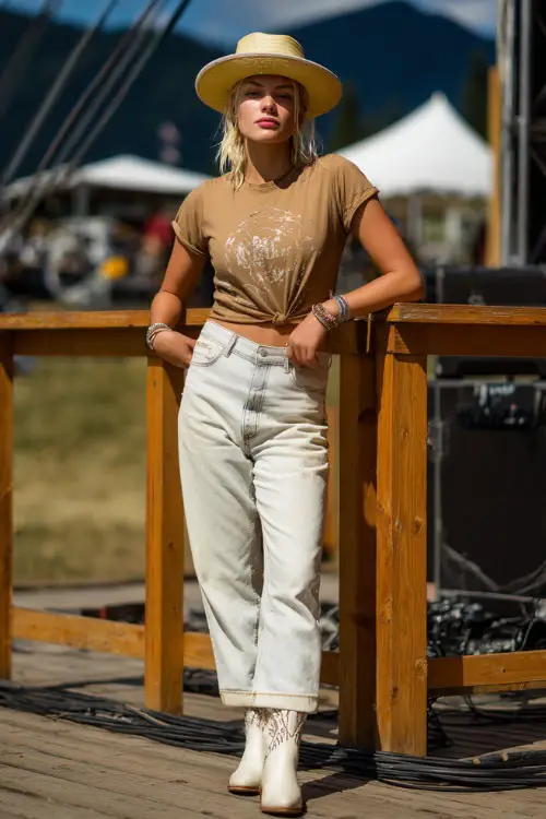 A mid-size woman wearing high-rise mom jeans, a tucked-in band tee, and white cowboy boots, accessorized with a straw fedora and silver bangles 