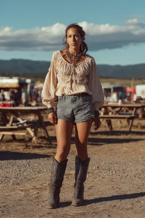 A mid-size woman wearing paperbag denim shorts, a ruched peasant blouse, and black western boots, accessorized with layered necklaces and a relaxed hairstyle 