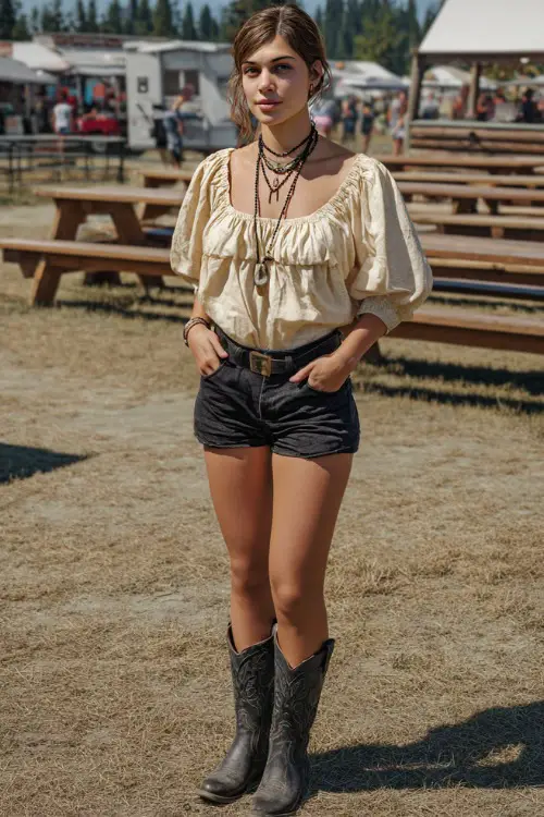 A mid-size woman wearing paperbag denim shorts, a ruched peasant blouse, and black western boots, accessorized with layered necklaces and a relaxed hairstyle