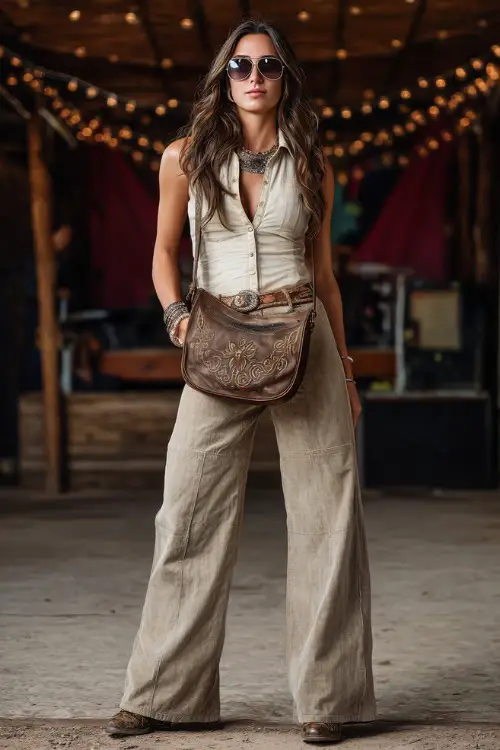 A mid-size woman wearing wide-leg cotton pants with a tucked-in sleeveless blouse and embroidered cowgirl boots