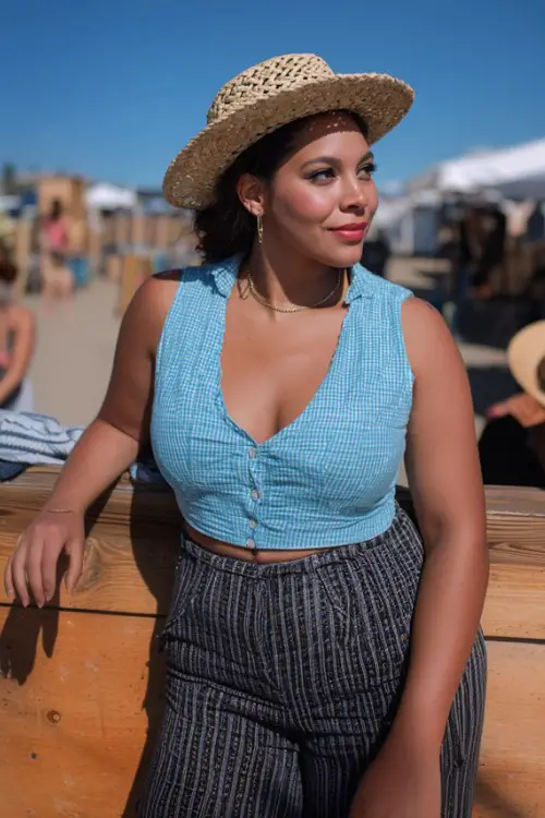 A midsize woman wears a blue sleeveless top with high-waisted striped pants and a straw hat