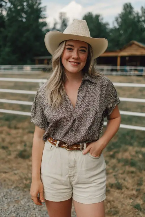 A midsize woman wears a patterned short-sleeve blouse tucked into beige high-waisted shorts with a belt