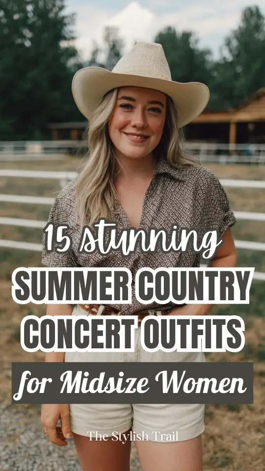 A midsize woman wears a summer country concert outfit with a patterned short-sleeve blouse tucked into beige high-waisted shorts with a belt