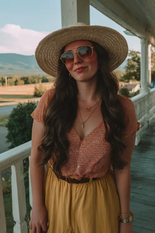 A midsize woman wears a textured sleeveless top with a flowy mustard pants and a straw hat