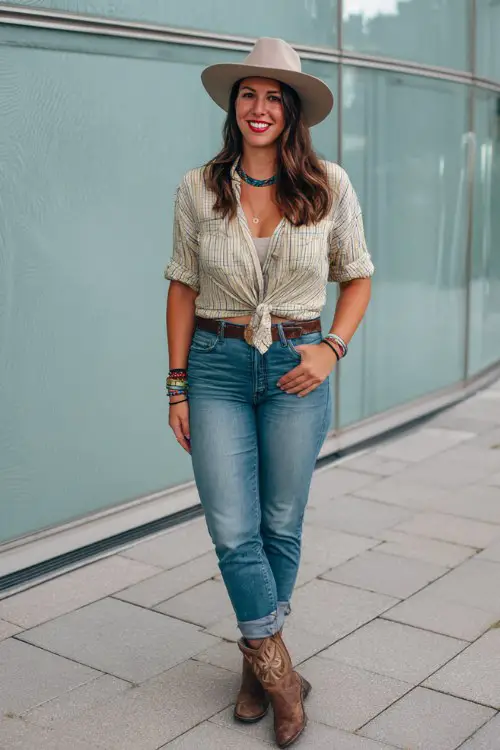 A midsize woman wears a tied button-up shirt with skinny jeans and ankle boots, finished with a wide-brim hat