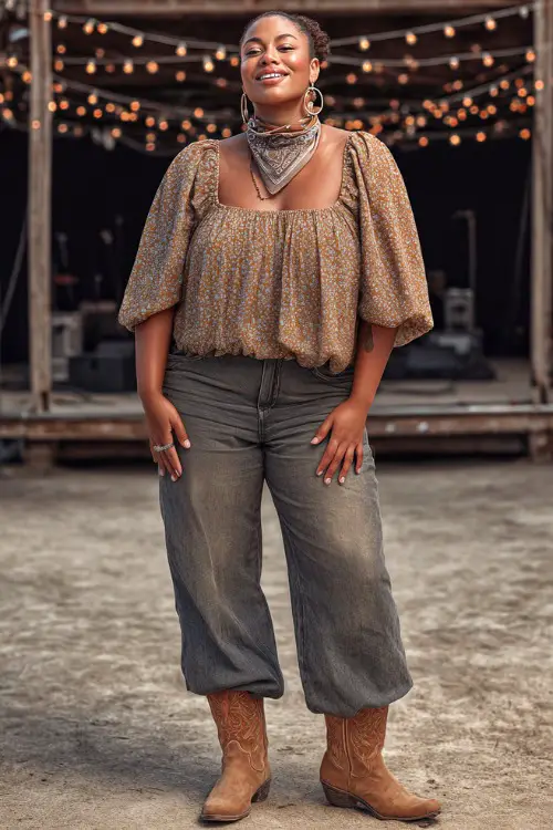 A plus-size woman dressed in flared jeans, a tucked-in square-neck smocked top, and tan cowboy boots 