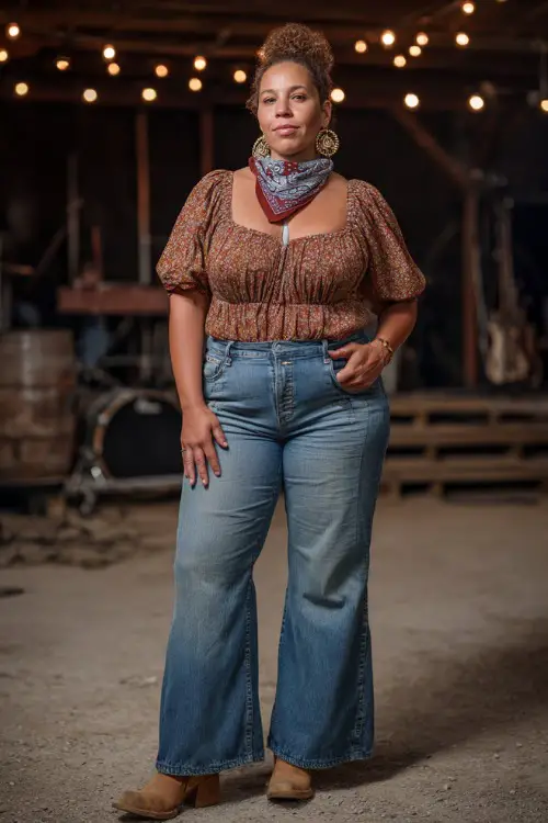 A plus-size woman dressed in flared jeans, a tucked-in square-neck smocked top, and tan cowboy boots 
