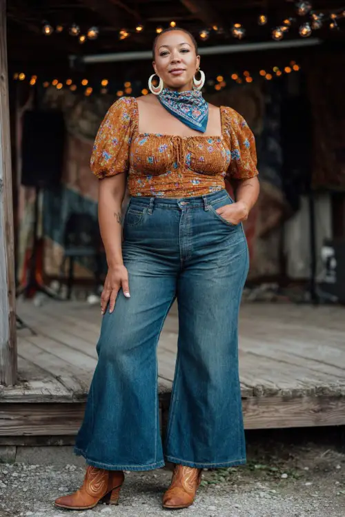 A plus-size woman dressed in flared jeans, a tucked-in square-neck smocked top, and tan cowboy boots