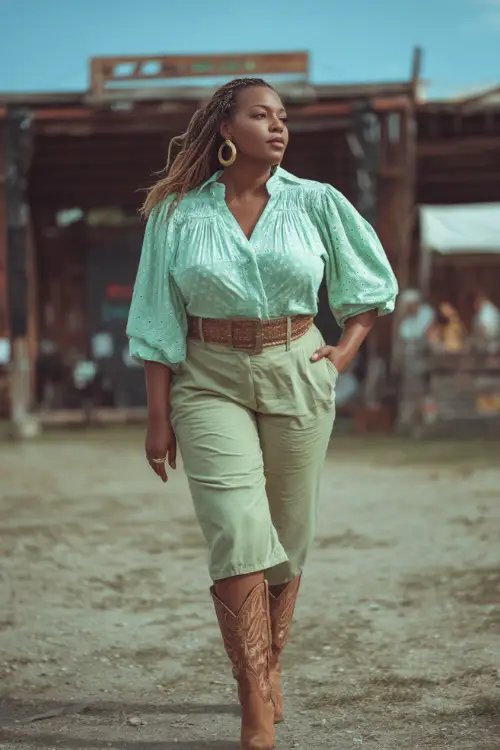 A plus-size woman dressed in soft green capri pants, a tucked-in eyelet blouse, and brown ankle cowboy boots 