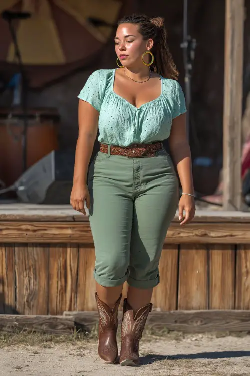 A plus-size woman dressed in soft green capri pants, a tucked-in eyelet blouse, and brown ankle cowboy boots