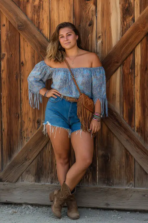 A plus-size woman in distressed denim shorts, a flowy off-shoulder peasant top, and suede ankle boots 