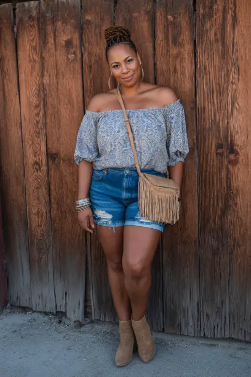 A plus-size woman in distressed denim shorts, a flowy off-shoulder peasant top, and suede ankle boots, accessorized with a fringe crossbody bag and layered bracelets