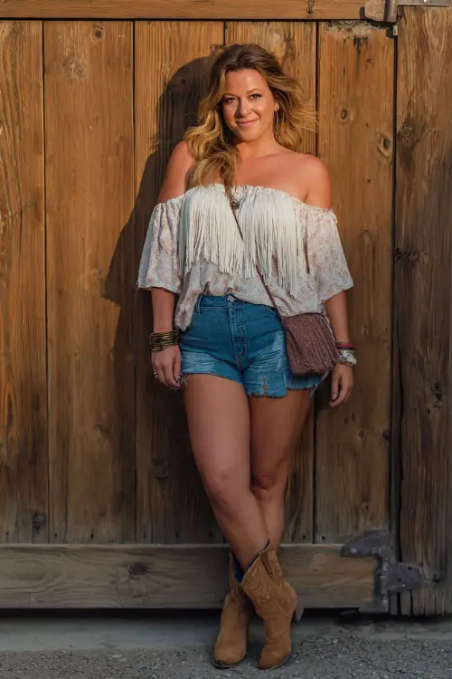 A plus-size woman in distressed denim shorts, a flowy off-shoulder peasant top, and suede ankle boots