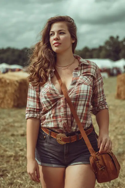 A plus-size woman in high-rise denim shorts, a tied-up plaid shirt, and brown ankle cowboy boots, styled with a leather belt and crossbody bag 