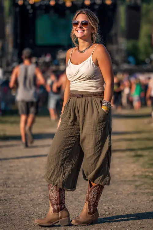 A plus-size woman in relaxed linen wide-leg pants, a tucked-in sleeveless wrap top, and embroidered cowgirl boots, styled with sunglasses and chunky bracelets 