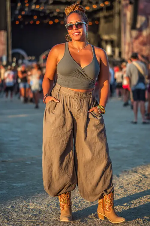 A plus-size woman in relaxed linen wide-leg pants, a tucked-in sleeveless wrap top, and embroidered cowgirl boots, styled with sunglasses and chunky bracelets