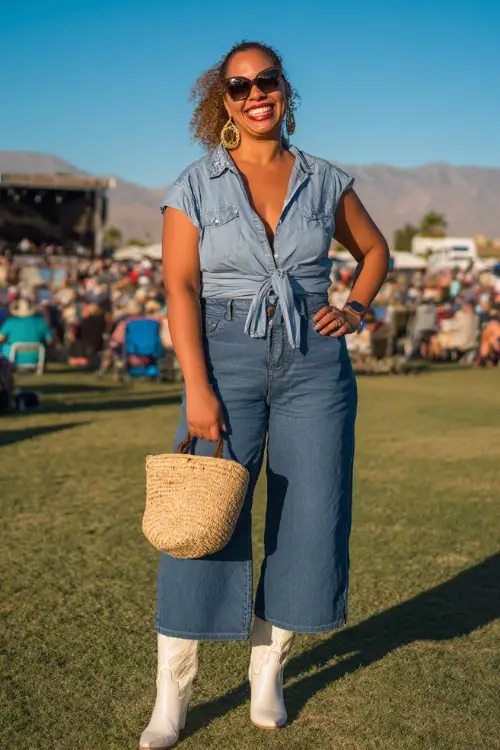 A plus-size woman in wide-leg cropped jeans, a short-sleeve button-down tied at the waist, and white cowboy boots