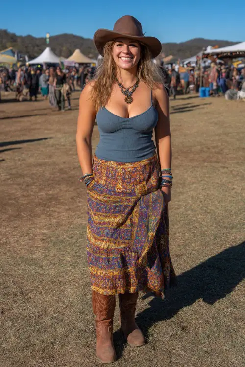 A plus-size woman wearing a boho midi skirt with a tucked-in ribbed tank top and brown cowgirl boots, styled with a felt hat and long necklace 