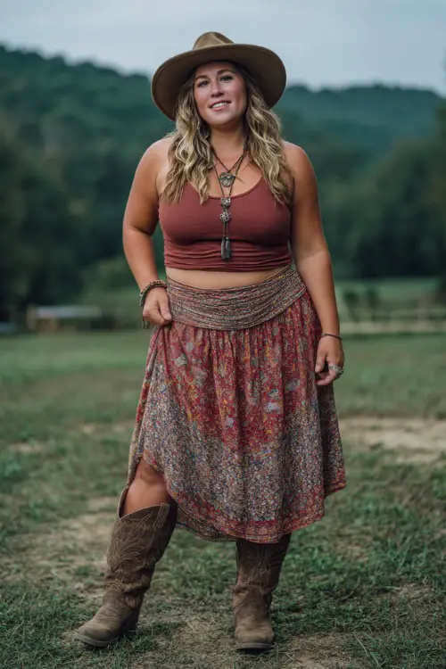 A plus-size woman wearing a boho midi skirt with a tucked-in ribbed tank top and brown cowgirl boots, styled with a felt hat and long necklace
