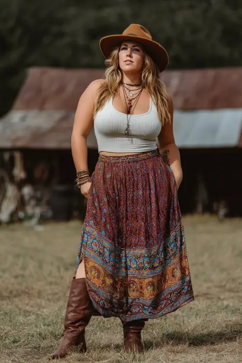 A plus-size woman wearing a boho midi skirt with a tucked-in ribbed tank top and brown cowgirl boots, styled with a felt hat and long necklace