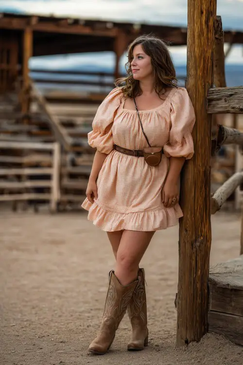 A plus-size woman wearing a knee-length ruffle hem dress with puff sleeves, paired with mid-calf cowgirl boots and a small crossbody purse 