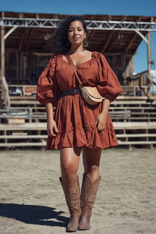 A plus-size woman wearing a knee-length ruffle hem dress with puff sleeves, paired with mid-calf cowgirl boots and a small crossbody purse