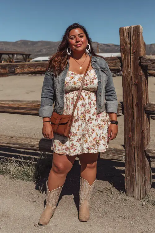 A plus-size woman wearing a skater-style floral dress with a denim jacket and tan cowboy boots, accessorized with a brown crossbody purse and statement earrings 
