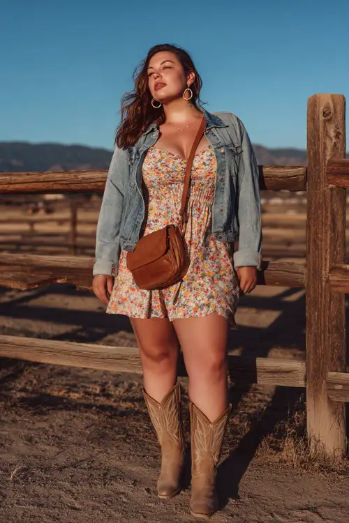 A plus-size woman wearing a skater-style floral dress with a denim jacket and tan cowboy boots, accessorized with a brown crossbody purse and statement earrings 