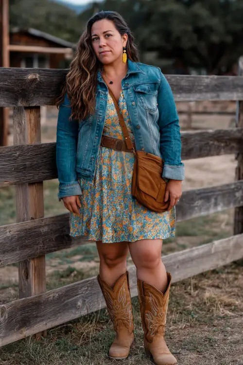 A plus-size woman wearing a skater-style floral dress with a denim jacket and tan cowboy boots, accessorized with a brown crossbody purse and statement earrings 
