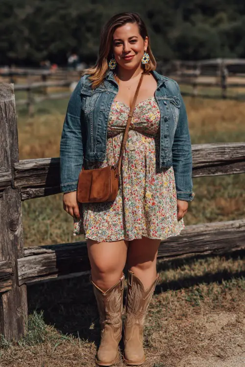 A plus-size woman wearing a skater-style floral dress with a denim jacket and tan cowboy boots, accessorized with a brown crossbody purse and statement earrings