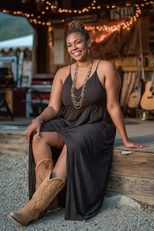 A plus-size woman wearing a sleeveless V-neck maxi dress with a high slit and tan cowgirl boots, styled with a beaded necklace and a relaxed updo 