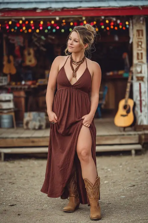 A plus-size woman wearing a sleeveless V-neck maxi dress with a high slit and tan cowgirl boots, styled with a beaded necklace and a relaxed updo 