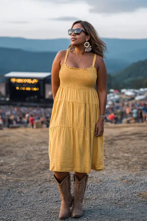 A plus-size woman wearing a smocked midi sundress in sunflower yellow with classic western boots, styled with statement earrings and sunglasses