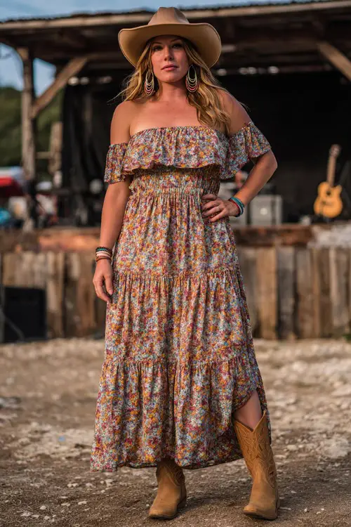 A plus-size woman wearing a tiered off-the-shoulder floral maxi dress with tan cowboy boots, accessorized with a wide-brim hat and hoop earrings 