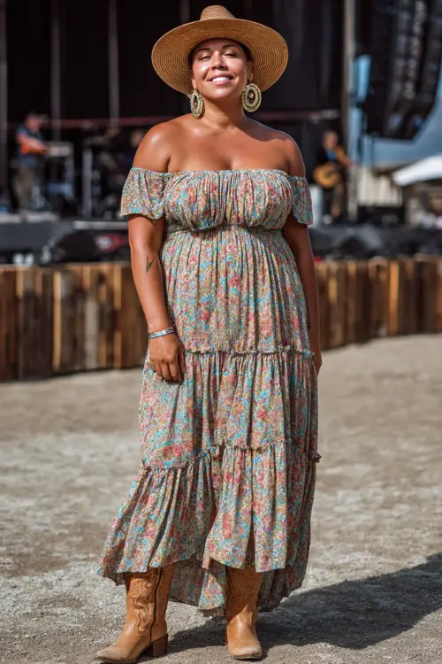 A plus-size woman wearing a tiered off-the-shoulder floral maxi dress with tan cowboy boots, accessorized with a wide-brim hat and hoop earrings 